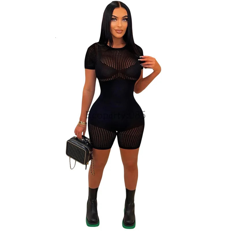 Summer Women Sexy Hollow Package Hip Tight Knitted High-waisted One Piece For Female Casual Shorts Sport Romper 250225