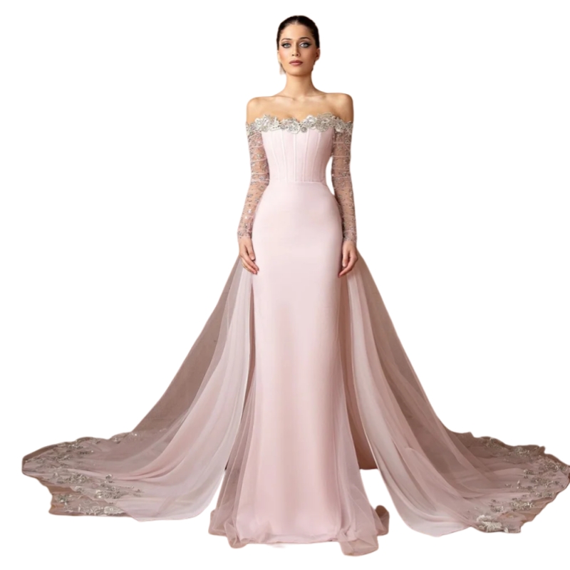 Elegant Off Shoulder Mermaid Evening Dresses With Detachable Train Lace Appliques Bateau Neck Long Sleeve Corset Formal Occasion Gown For Women Pink P