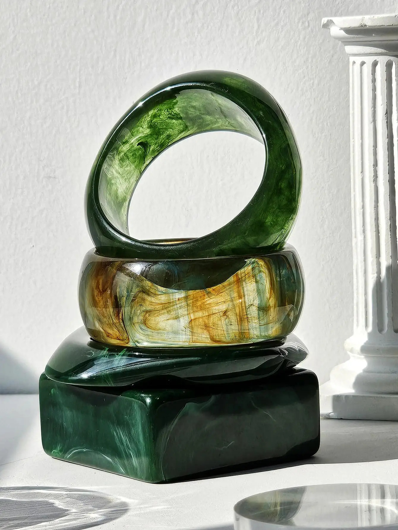 Retro Geometric Irregular Square Green Smudge Chunky Resin Bracelet for Women Girl Vintage Bangle HUANZHI 2025 250225