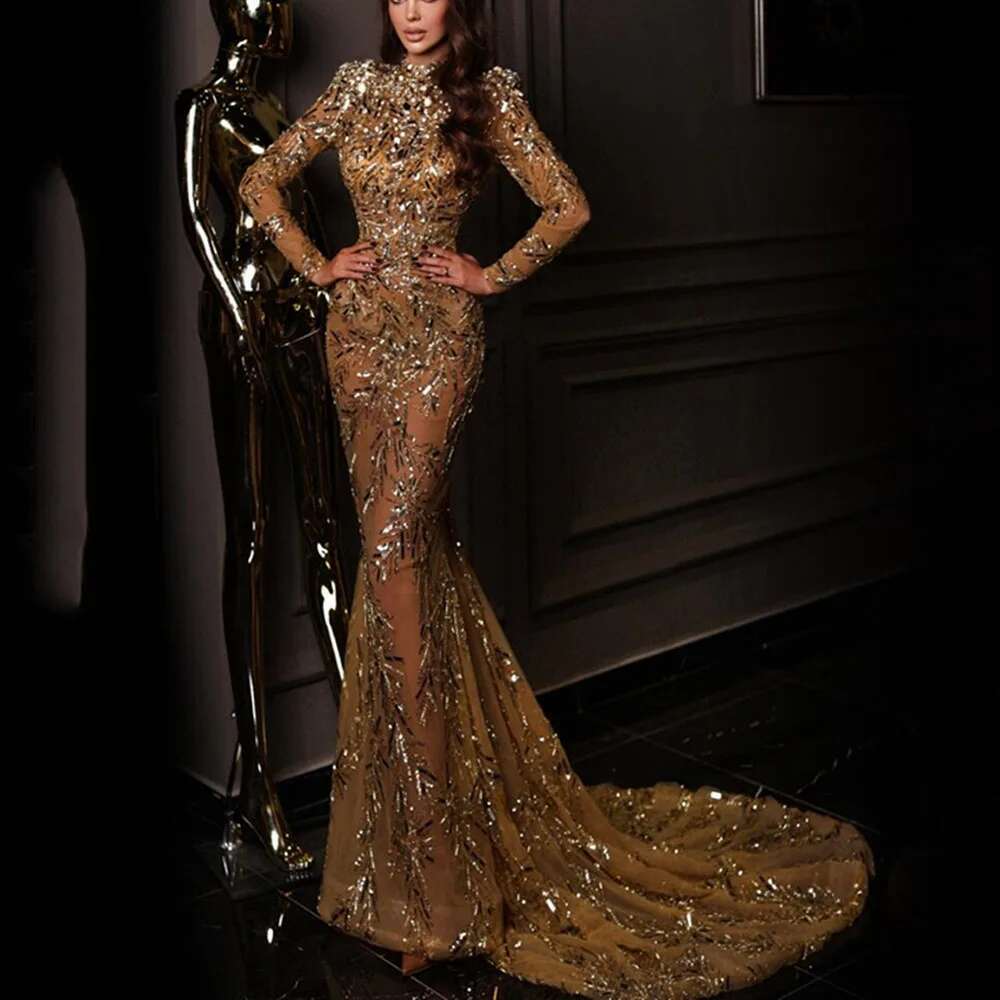 Exquisite Champagne High Neck Prom Full Sequined Mermaid Evening Party Dresses Shiny Plus Size Custom For Women