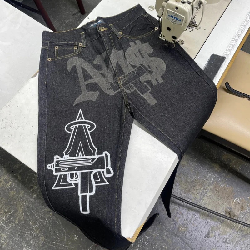 ins jeans men and women american personality printing straight pants fall and winter street style loose black jeans 250210
