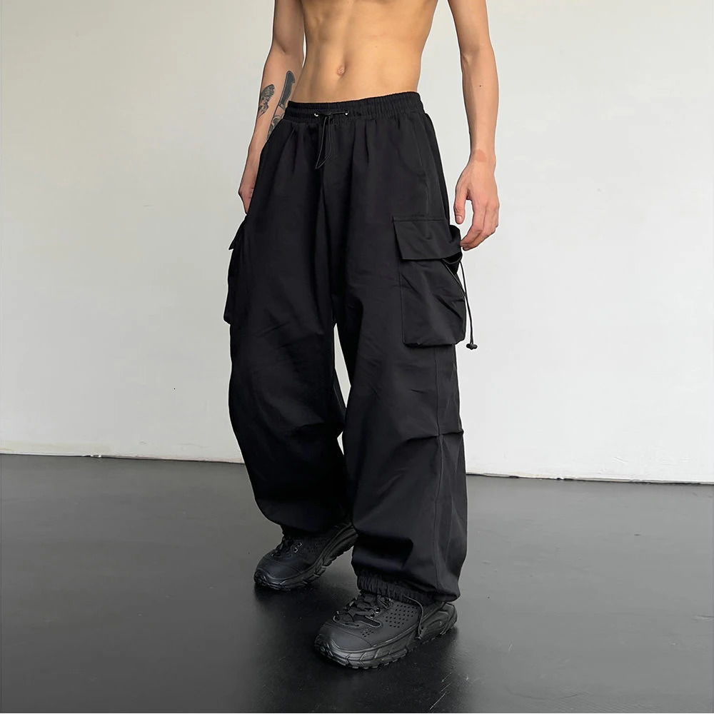 Spring Summer Fashion Casual Pans For Men Streetwear Solid Color Cargo Pants Elastic Waist Wide Leg Mens Joggers 250226