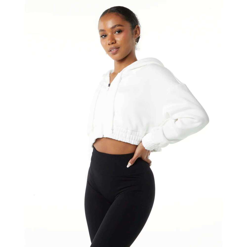 55% Cotton, 45% Spandex Drop Shoulder Style Oversized Cropped Fit White Women Classic Capital Full-Zip Crop Hoodie
