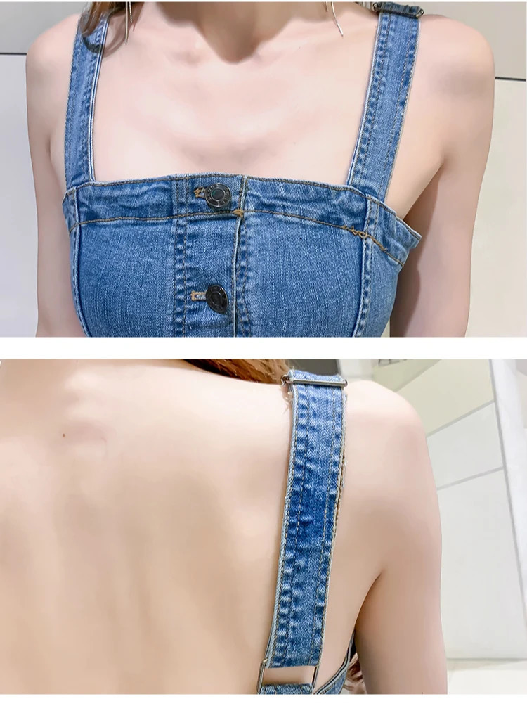 Denim Dress Summer Spaghetti Strap Sundress Vintage Casual Solid Retro Chic Sexy Jeans Button Front Blue Party Dress Women 250225