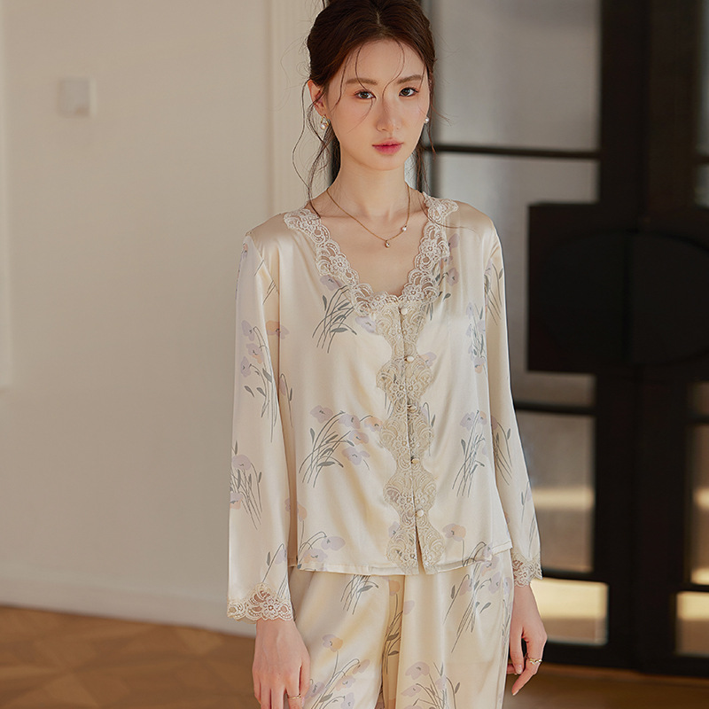 H210 Chinese light luxury pajamas for women Spring national style lace V-neck long-sleeved trousers