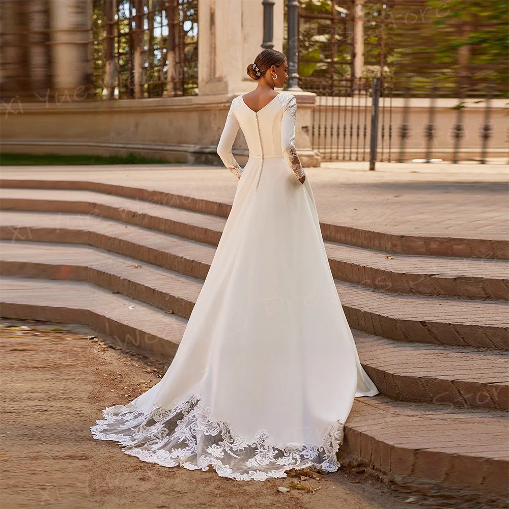 Modest A Line Womens Wedding Dresses Simple Appliques Lace Bride Gowns Classic O Neck Long Sleeve Customized Bridal Dress 250224