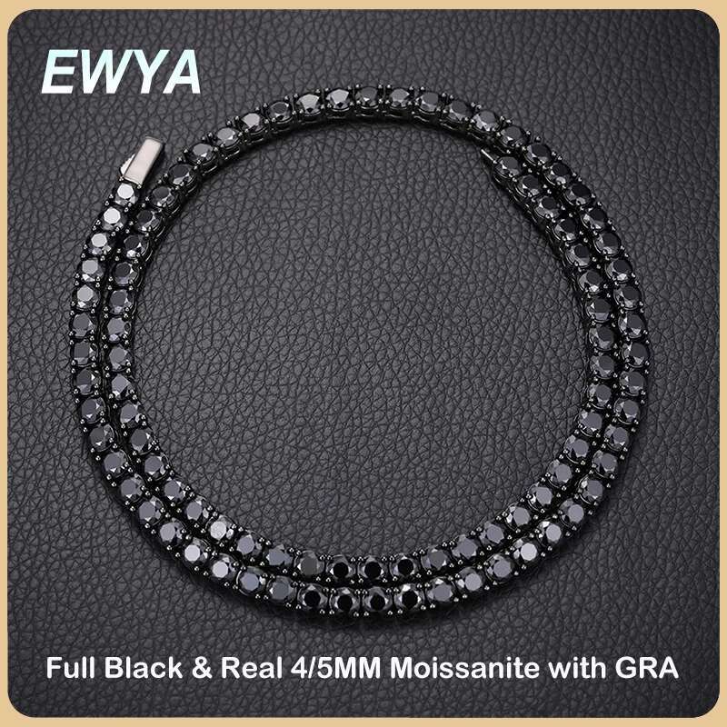 EWYA Real 4/5MM Full Black Moissanite Tennis Necklace for Women Men S Sier Hip Hop Fine Jewelry Neck Chain Necklaces