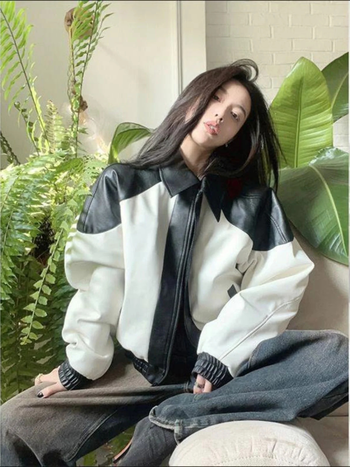 Womens Vintage China-Chic Black White Contrast Splice Leather Jacket Female Spring Autumn Fashion Loose Long Sleeve Coat 250225