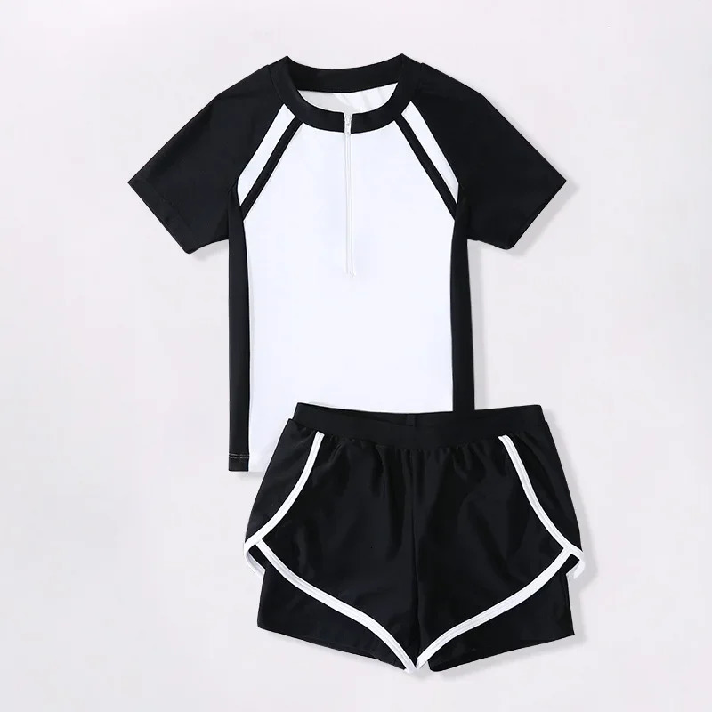 Double layered short sleeved girls swimsuit two-piece summer beachwear L-5XL childrens short sleeved girls swimsuit pink black 250225
