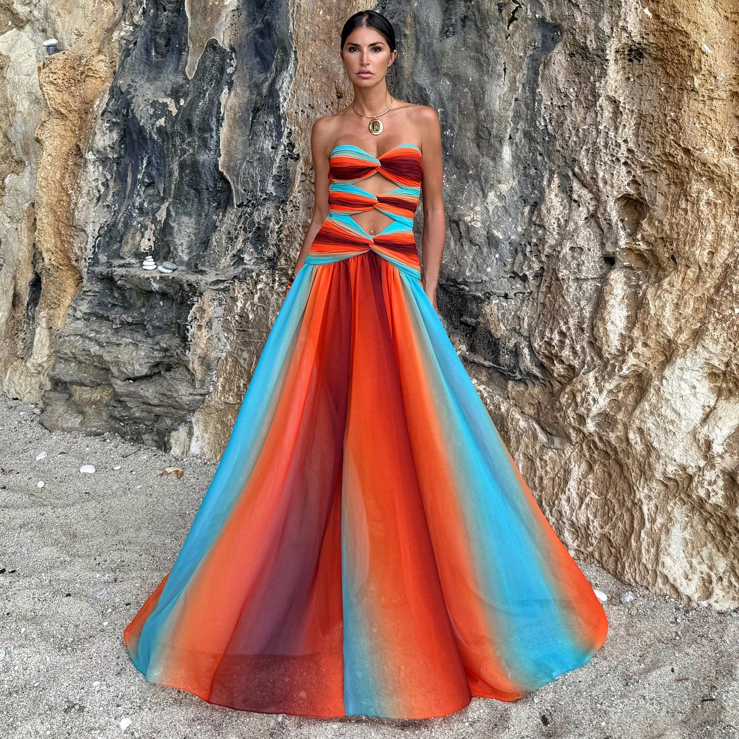 Sexy 3Pcs Bikini Hollow Out Swimsuit Women Swimwear Female Gradient Swim Suit Long Skirt Off Shoulder Biquini Bodysuit Beachwear 250225