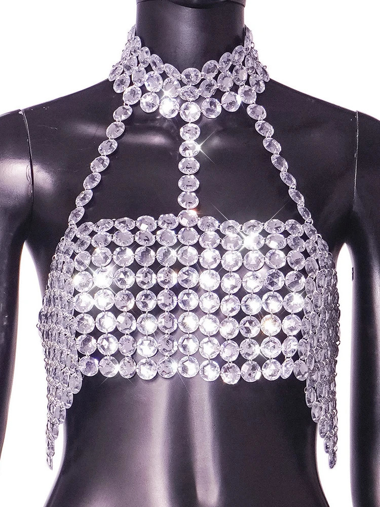 Beyprern Silver Halter Tank Top Glitter Diamonds Bustier Tops Gorgeous Backless Metal Sequin Crop Top Club Vest Festival Outfits 250225