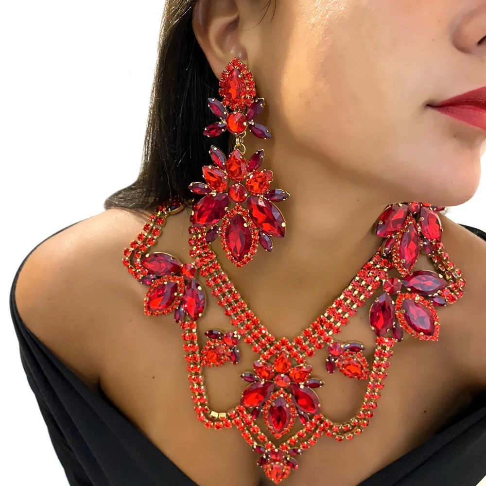 XSBODY Red Rhinestone Water Drops Earrings for Women Party Queen Accessories Crystal Statement Dangle Earrings Stud Jewelry 250225