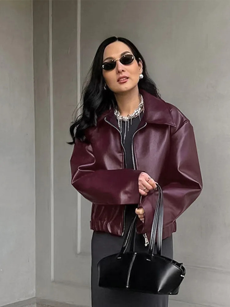 Casual Leather Jackets Women Loose Lapel Zipper Pocket Long Sleeves Pu Coats Female 2024 Autumn High Street Soft Outwears Lady 250225