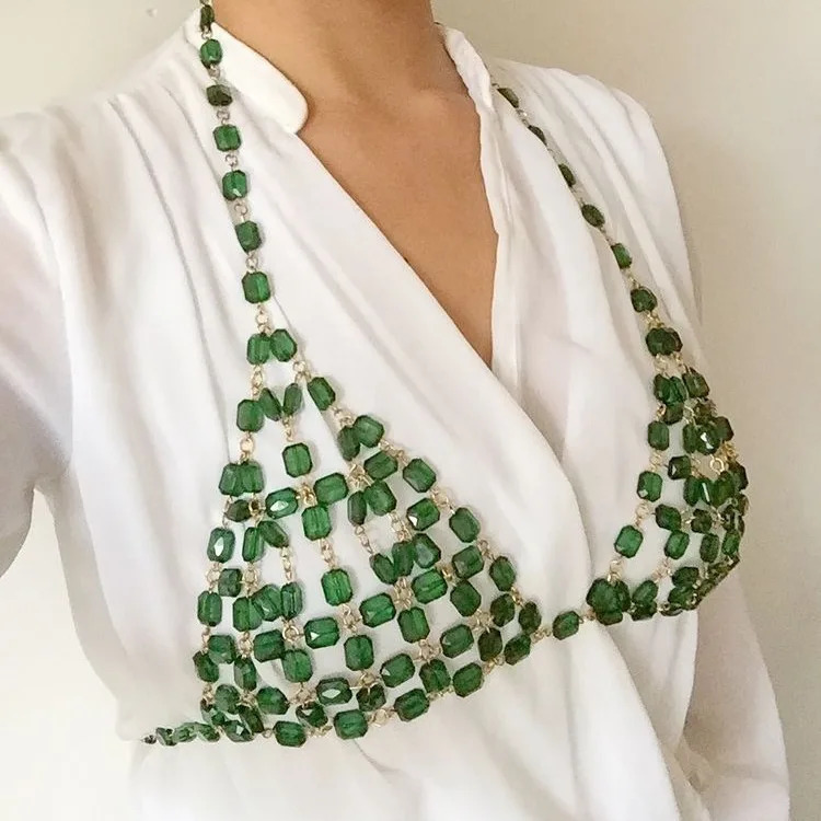 Sexy Green Beaded Crystal Camisole Chest Bra Lingerie Chain Women Bikini Elegant Festival Nightclub Body Jewelry Y2K Accessories 250225
