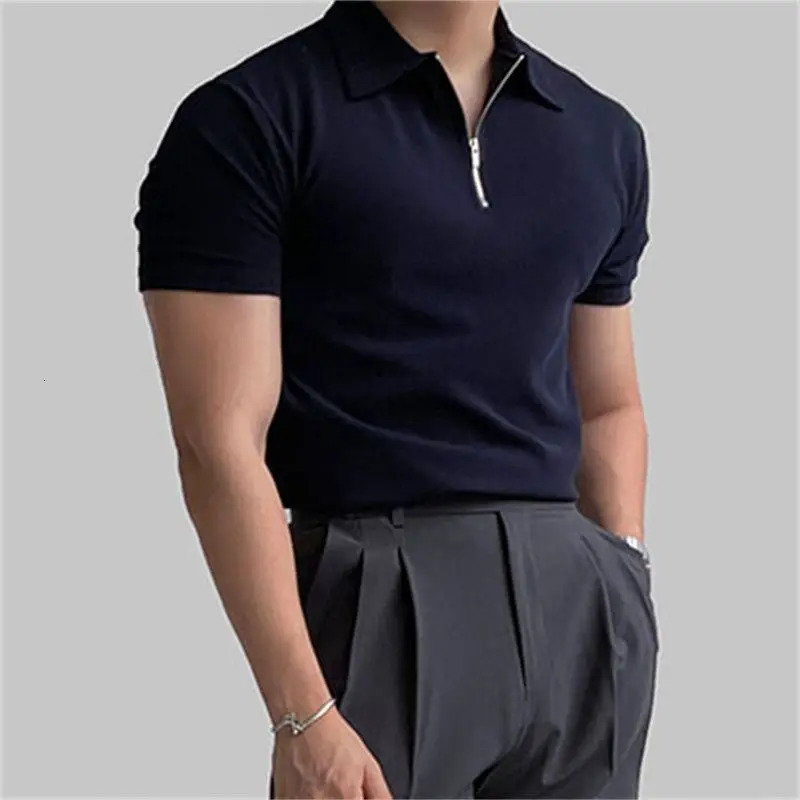 Mens Sports Fitness Black Slim Half Zipper Polo Shirts Wear Lapel Summer Short Sleeve Fashion Casual Tops 250225