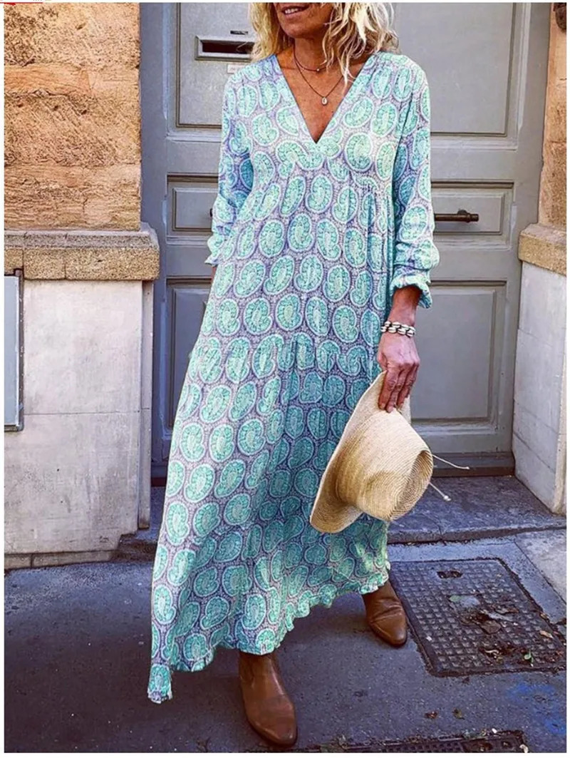 Casual Bohemian Style Beach Dresses For Women Fashion Printed Sexy V-neck Long Sleeve Loose Maxi Dress Vestidos Streetwear 250225