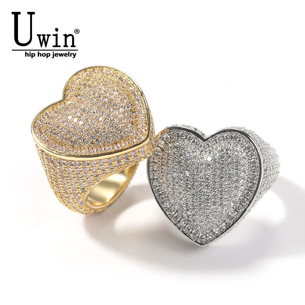 Uwin Heart Ring Micro Paved Full Iced Out Cubic Zirconia Bling HipHop Fashion Delicate Jewelry For Gift Men Women 250225