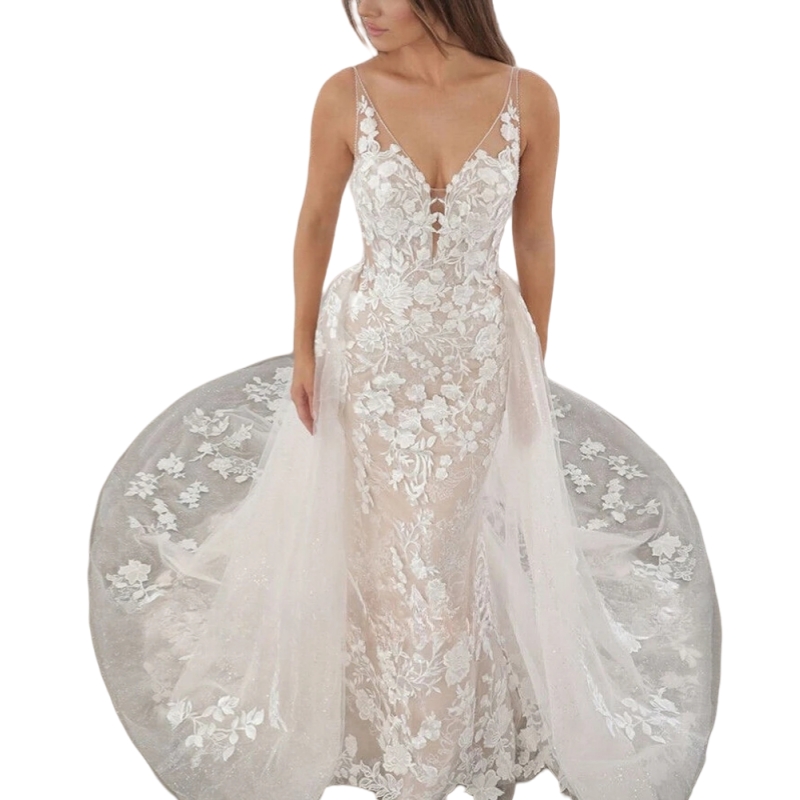 Sexy Backless Lace Mermaid Wedding Dresses With Detachable Train V-Neck Spaghetti Straps Long Bohemian Bridal Gowns 2025 Beach Vestdio De Novia