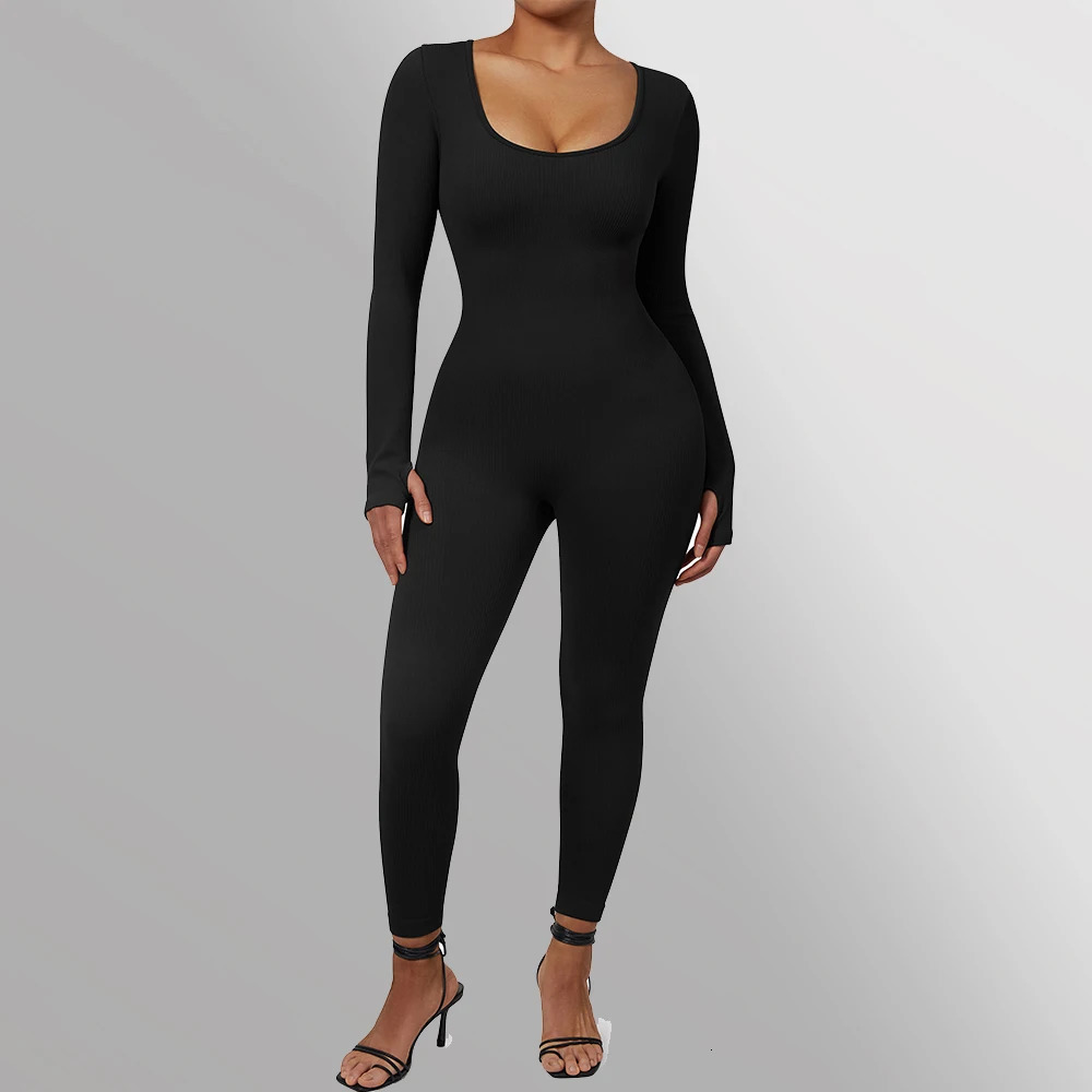 Long sleeved jumpsuit womens tight fitting one-piece jumpsuit square neck casual streetwear jumpsuit 250224