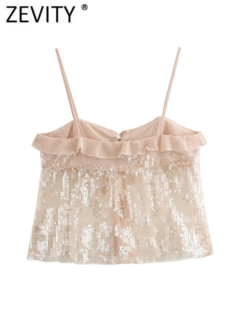 Zevity Women Chic Pleat Ruffles Sequined Chiffon Sling Camis Tank Lady Backless Short Crop Shirt Blouse Tops LS7195 250225