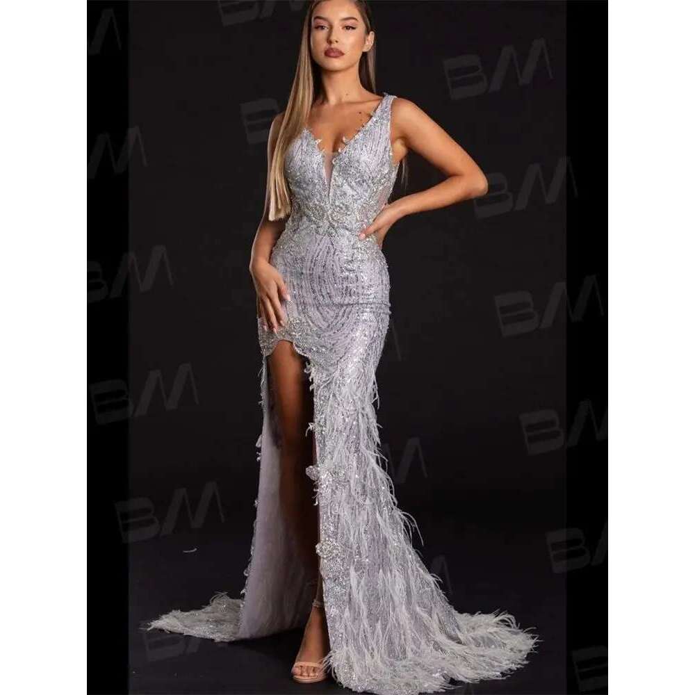 Sexy Ball Gown with Feathers High Side Slot Spaghetti Straps Evening Frisbee Nude Back Party Dress prom Gala Dresses