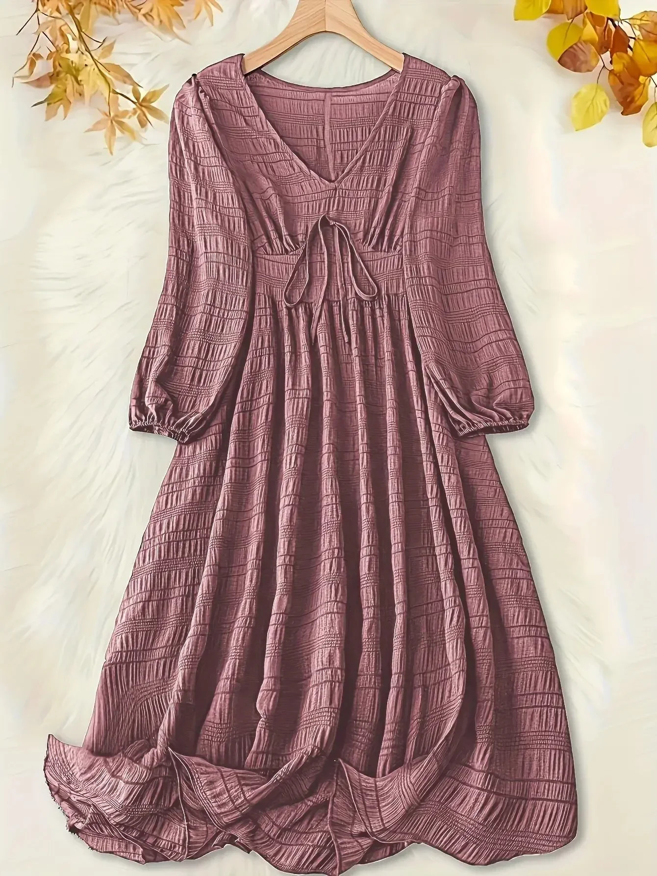 1XL-5XL Plus Size Womens Casual Dress with Textured Lantern Sleeves and V-Neck Tie Front Midi Dress for Comfort and Style 250225