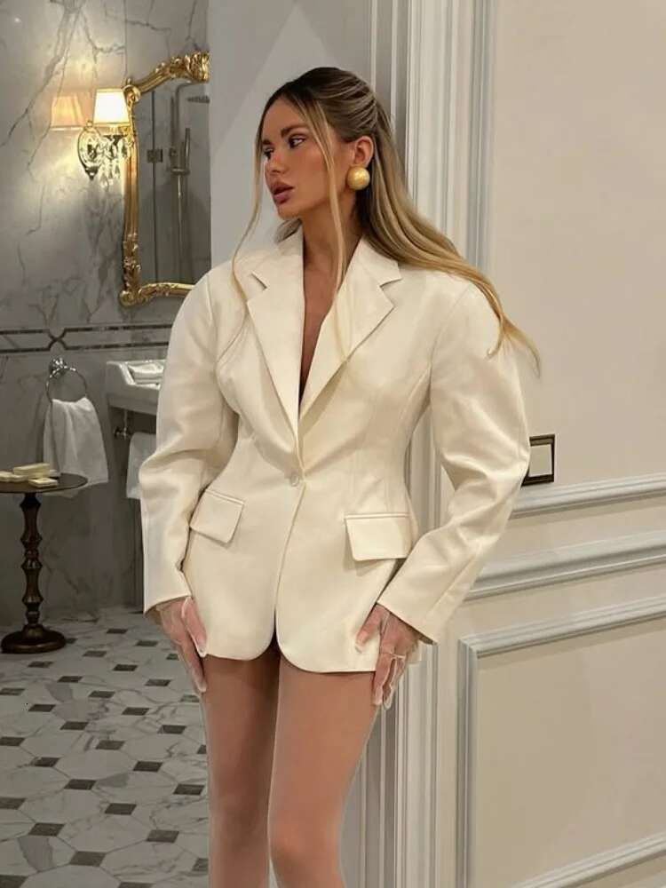 Chic Elegant White Waist Cinched Lapel Suit Jacket Fashion Casual Solid Color Single Breasted Coat New 2025 Ladies Street Coats
