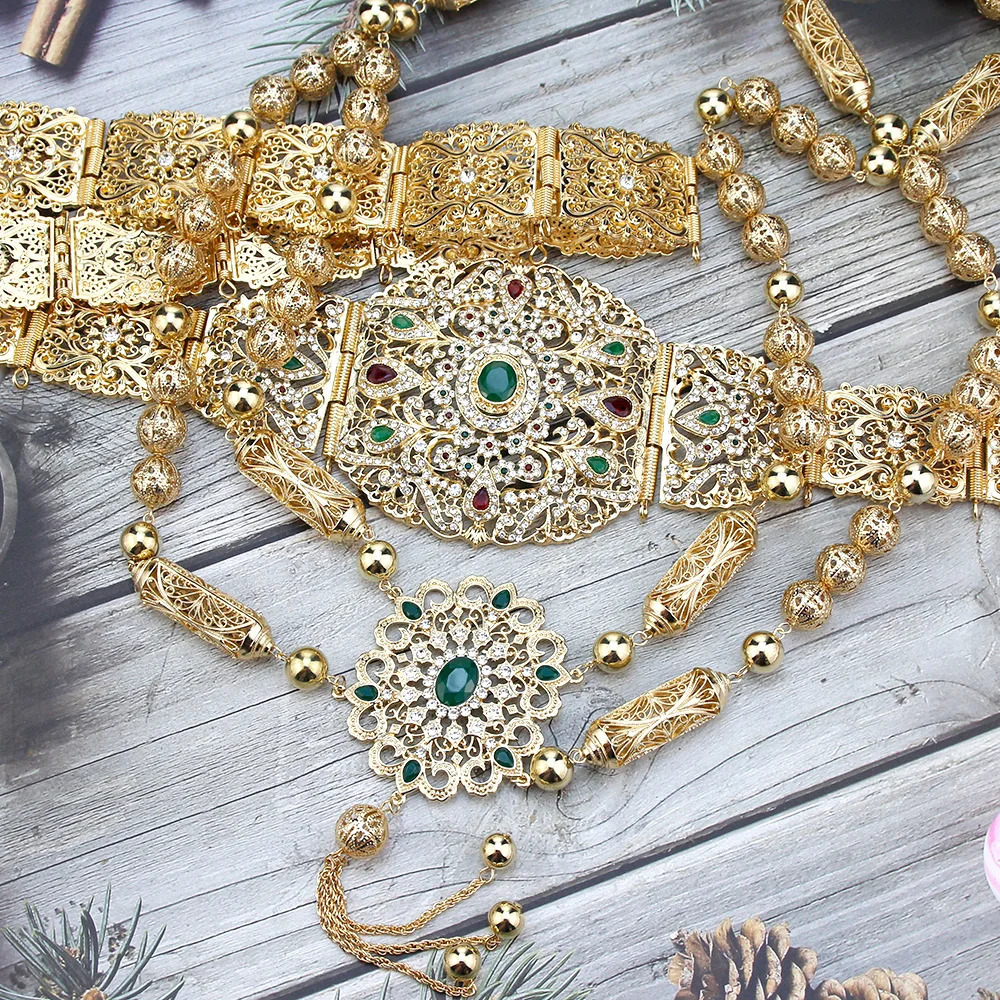 Sunspicems Morocco Bride Dress Caftan Belt Shoulder Chain Set Gold Color Algeria Women Wedding Jewelry Arabic Crystal Body Chain 250225