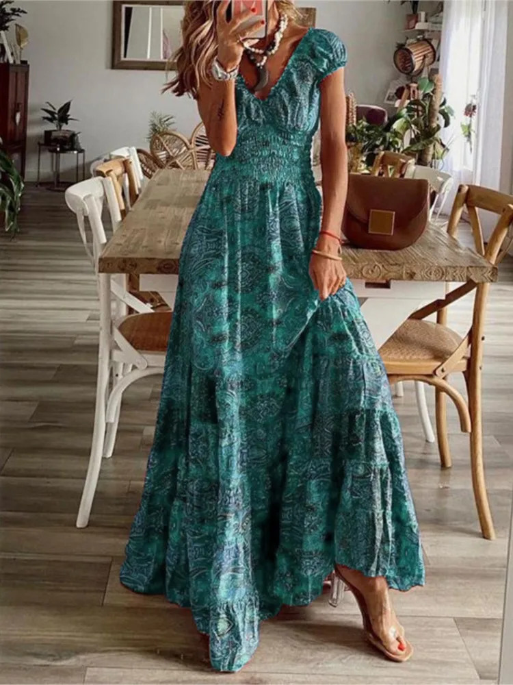 Womens Summer Ethnic Style Printed Dress Short-sleeved Waist Dress Fashionable Floral Petal Sleeves Large Hem A-line Dress 250225
