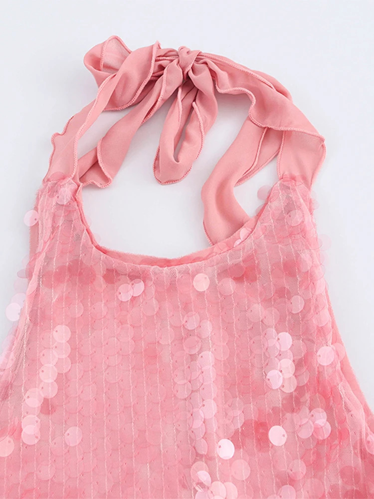 Sexy Sequin Mini Dress Women Loose Fashion Backless Halter A Line Robe Female Party Evening Chic Lace Up Sleeveless Dresses 250225