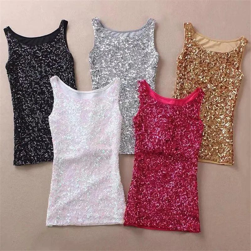 Womens Shine Glitter Sequin Embellished Sleeveless Vest Tank Tops Fashion Style Clothing For Cocktail Party Clubwear 250225