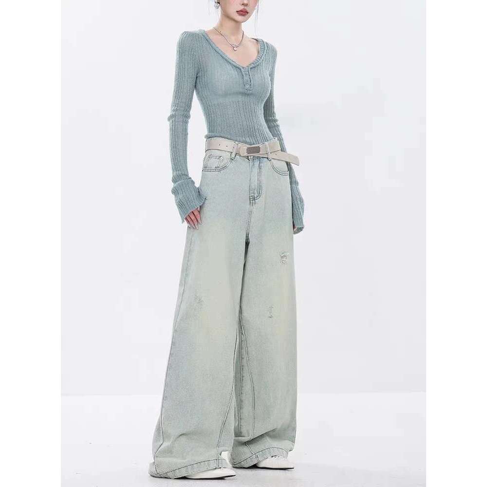 WCFCX STUDIO 2024 Women Vintage Ripped Jeans Baggy High Waist Cowboy Pants Y2k Haruku Casual Straight Denim Trousers