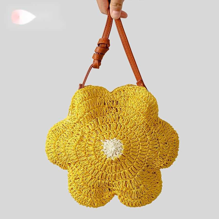 Handmade Woven Grass Woven Bag Forest Series Small Fresh Cute Egg Flower Single Shoulder Crossbody Bag Beach Bag 250215