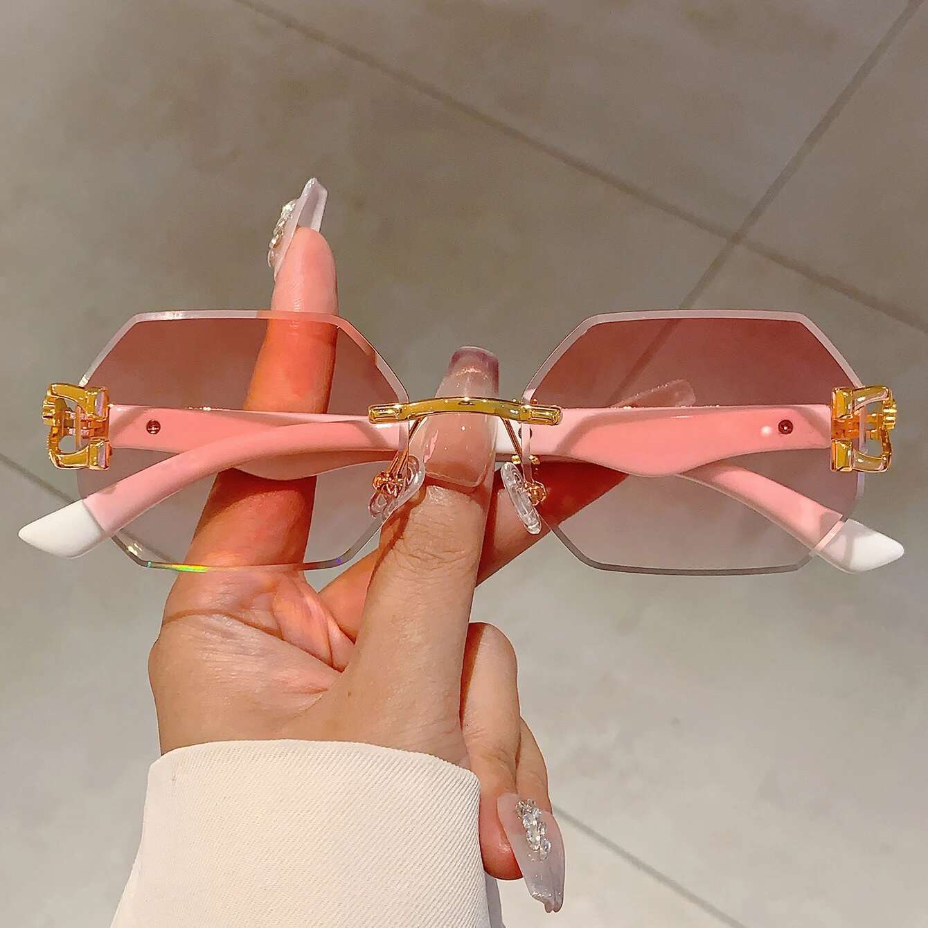 KAMMPT Vintage Rimless Polygon Shades Brand Gradient Women's Sunglasses Fashion Leopard Decor Travelg Sun Glasses