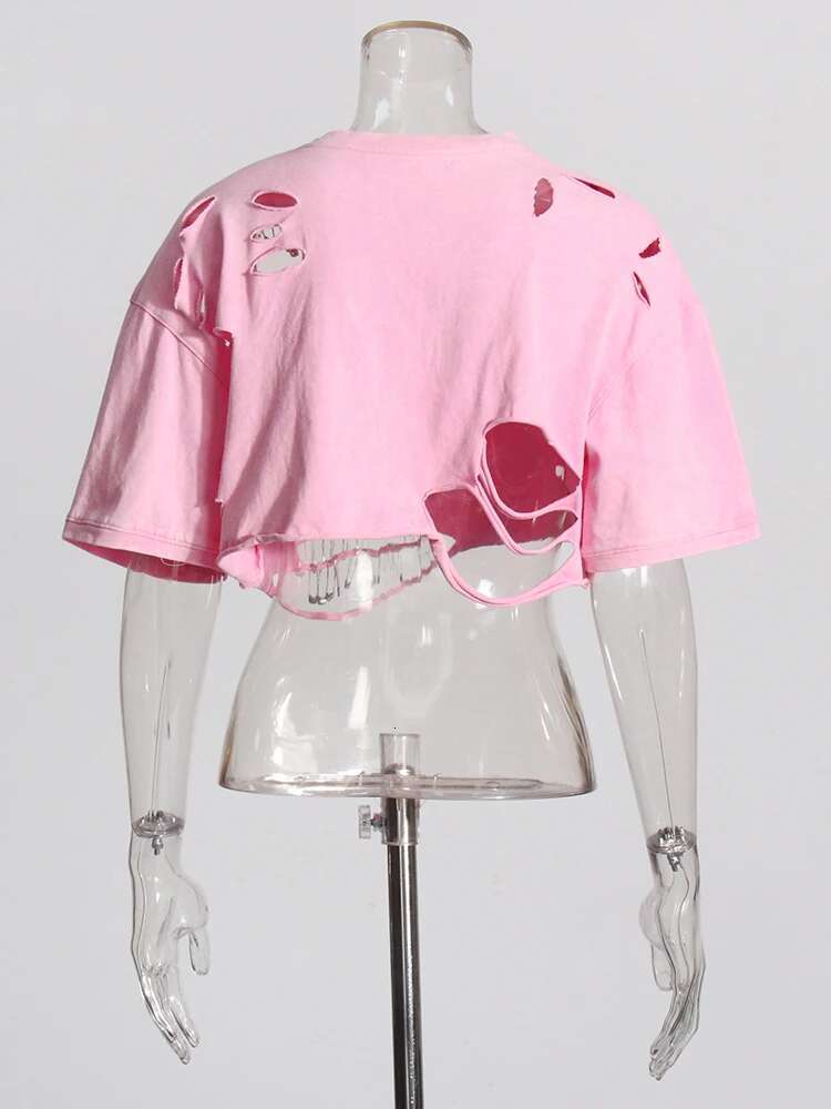 Solid Hollow Out Sexy T Shirts For Women Round Neck Short Sleeve Spliced Rivet Streetwear Designer Crop Top Female