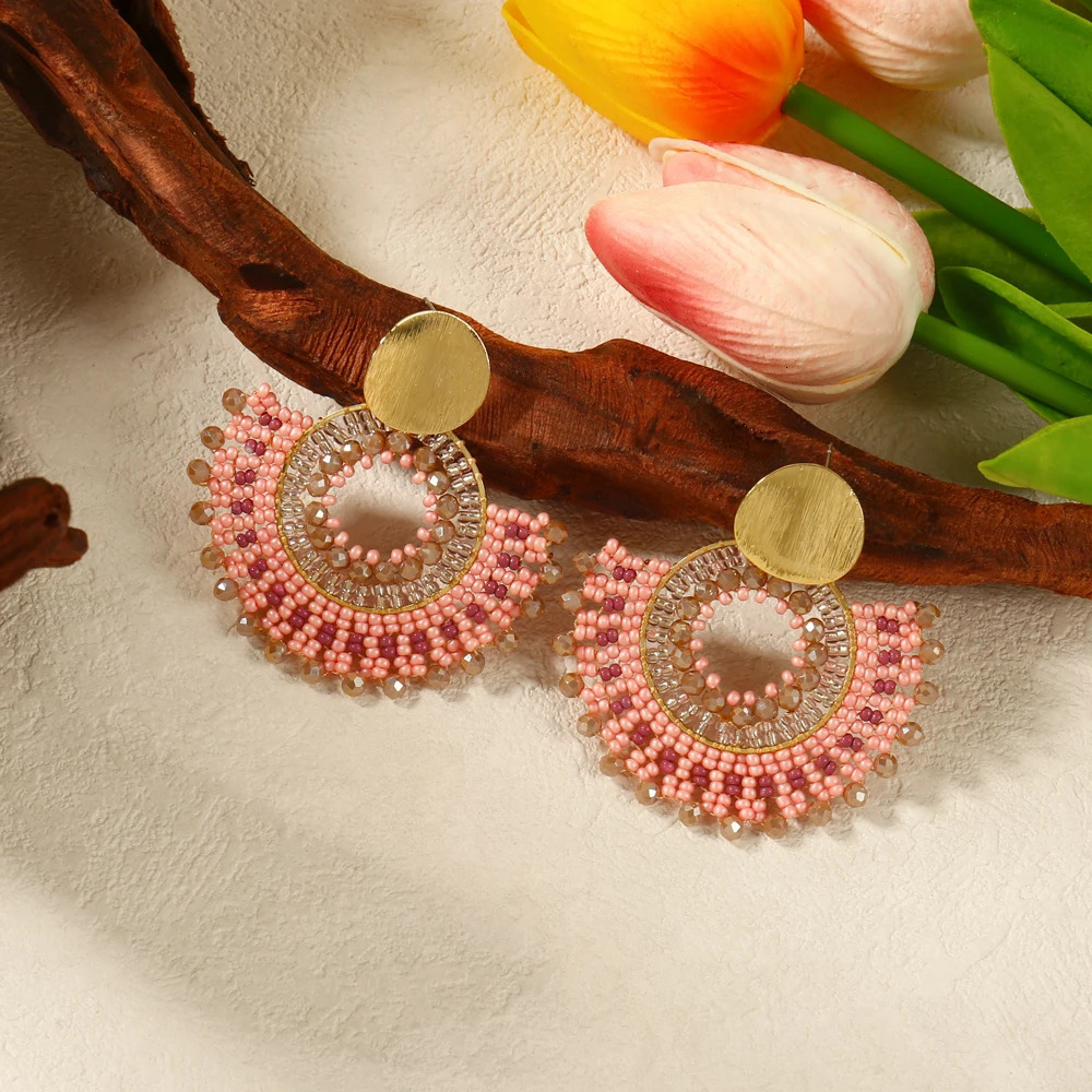 Badu Bohemia Style Fan Shape Handmade Beaded Dangle Earrings for Women Retro Ethnic Trendy Jewelry Rice Beads Earring 250225