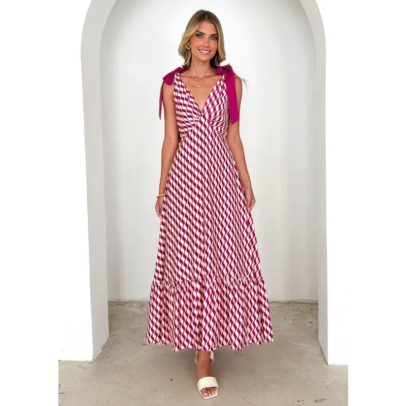 Summer Lace Up Womens Long Dress V-neck Sleeveless Printed Dress with Temperament Commuting Camisole Mid Length Skirt 250225