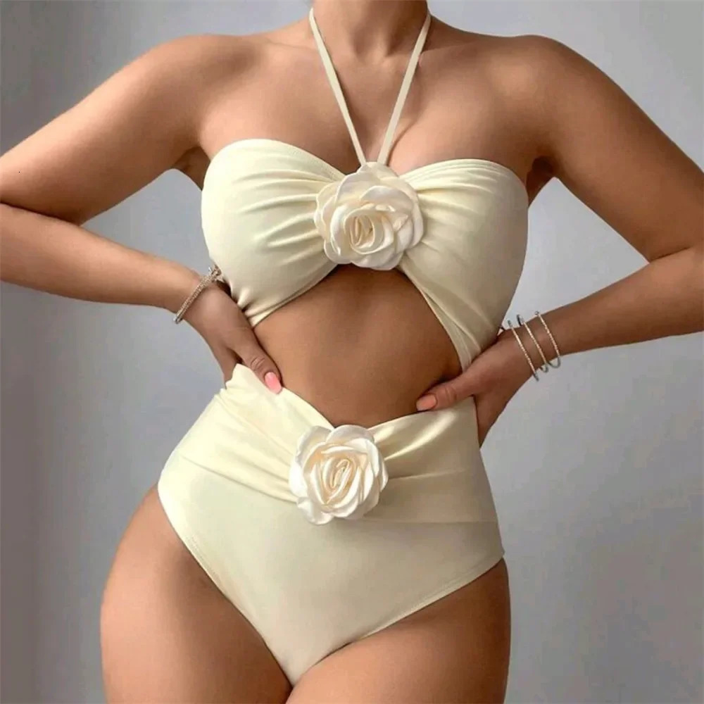 Sexy 3D Flower Hollow Out Swimwear One Piece Swimsuits Women Summer String Halter Monokini Swimming Bathings Suit Bather 250225