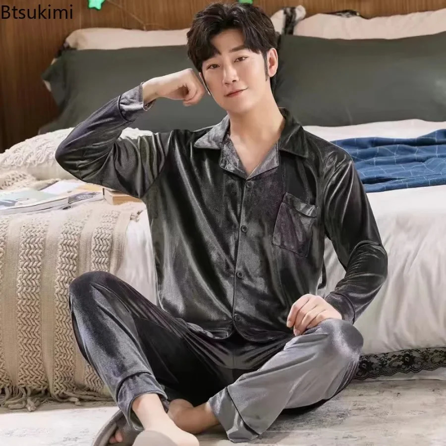 Mens Long Sleeve Pants Pajama Sets High-end Gold Velvet Homewear 2 Piece Sets Loose Lounge Sleepwear Suit Male 250225