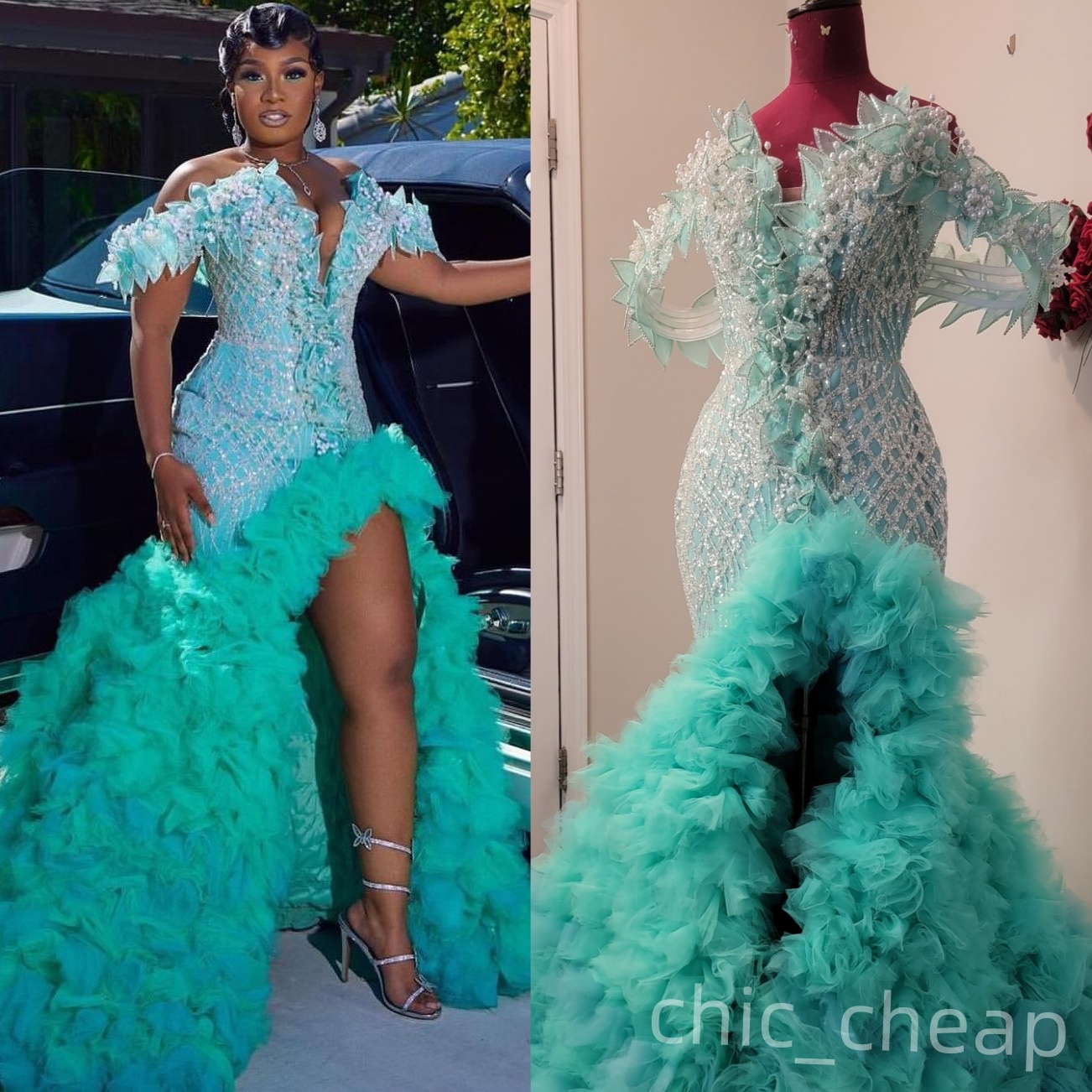 Mermaid Prom Dresses 2025 Light Sky Blue Pearls Flowers Tiers Organza Evening Formal Party Second Birthday Engagement Gowns Plus Size Dress For Specia