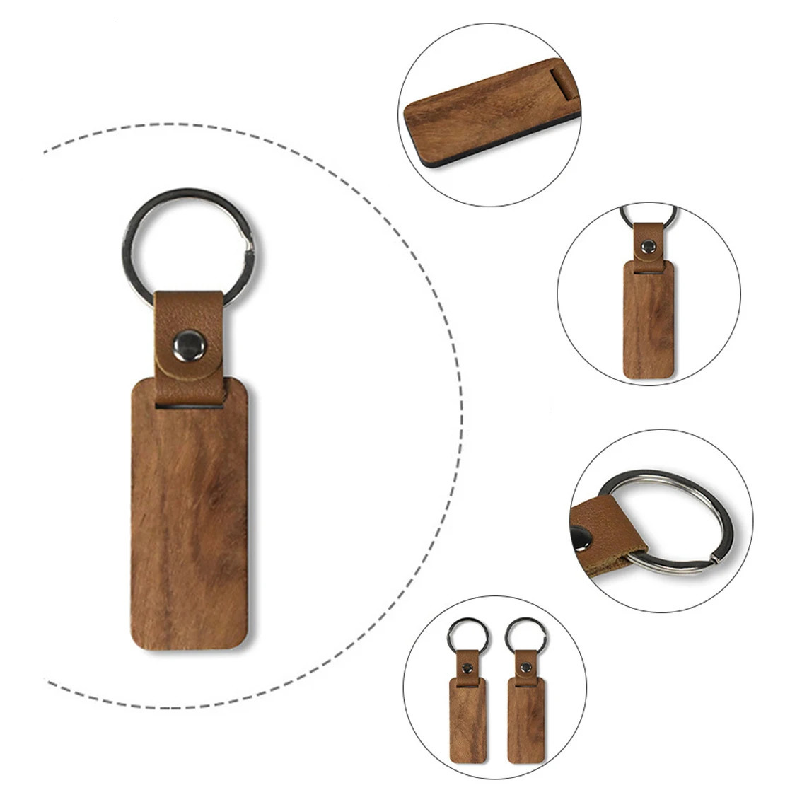 100Pcs Blank Wood Keychains PU Leather Keychain Rectangular Wood Key Chain 250221