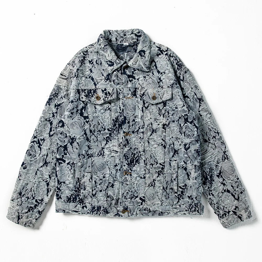 Mens Ripped Distressed Denim Jacket Flower Jacquard Weave Embroidery Coat Loose Long Sleeve Outerwear 250225