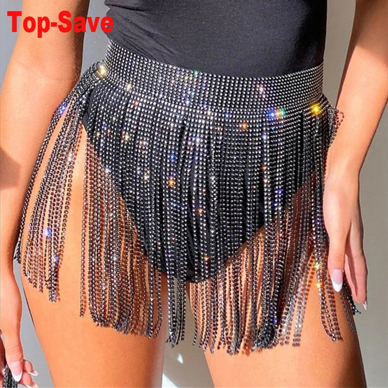 Summer Glitter Festival Sexy Rhinestone Tassel Skirt Handmade Women High Waist Nightclub Party Mini Skirts For Lady Belt 250225