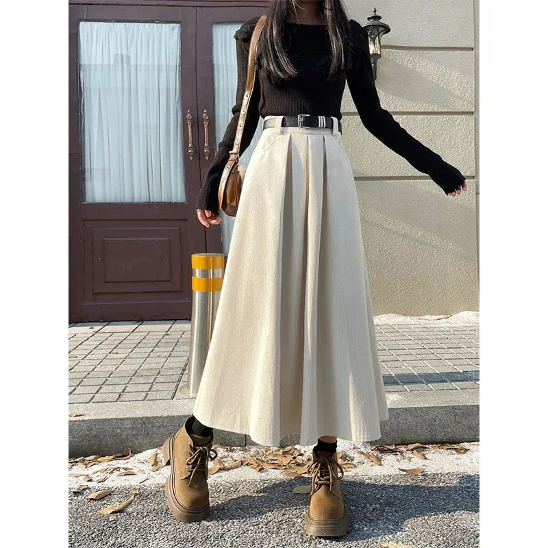 Vintage Belt Corduroy Midi Skirts Women Streetwear Black High Waist Pleated Skirt Fall Winter Chic All Match A Line Faldas 250225