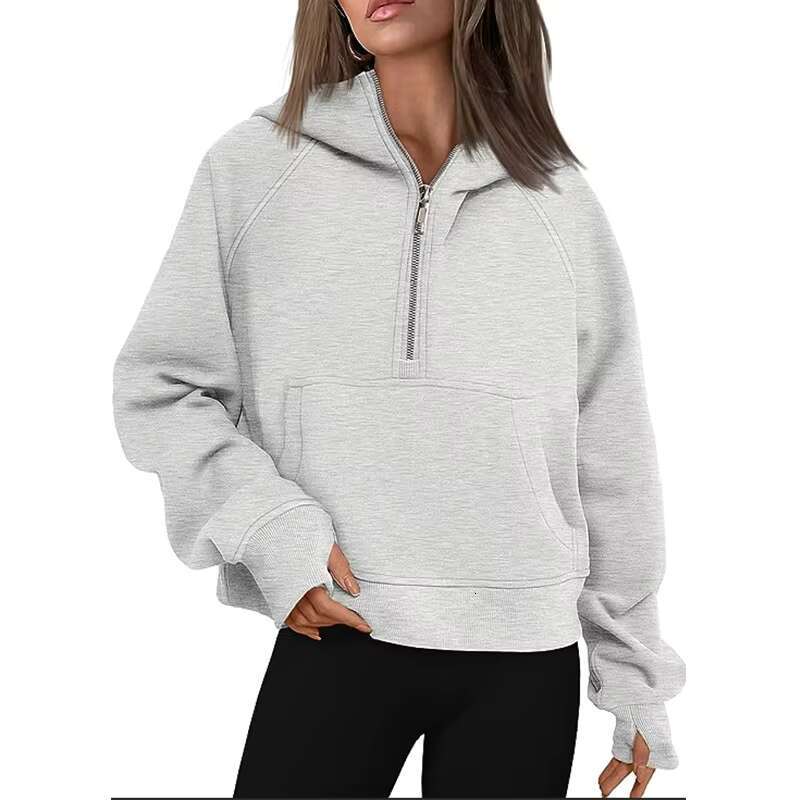 Velour Stand Collar Casual Sweater Long Sleeve Solid Sweatshirts With Pockets Womens Half Zip Pullover Hoodies