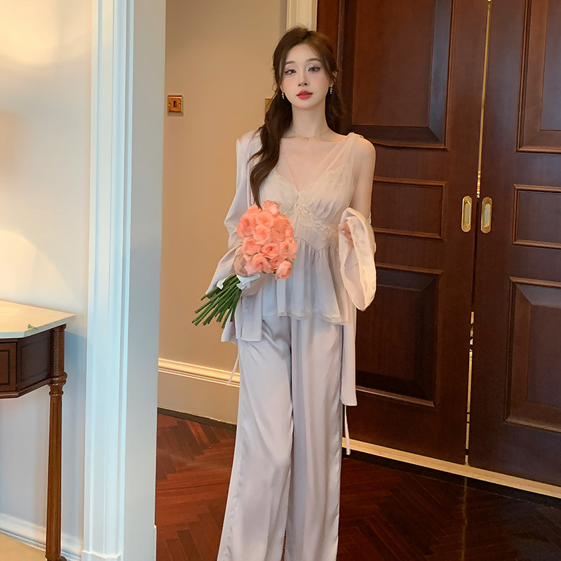 D220 Pajamas Spring and Autumn Women's Ice Silk Sexy Lace Three-piece Set Outerwear Suspenders Long Pants with Chest Pads Home Clothes