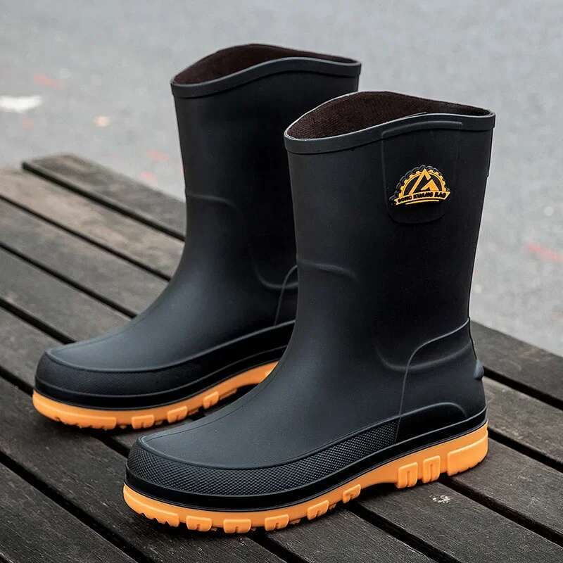 Men's Casual Waterproonti Slip Rain Boots Middle Tube Fashionable Work Rubber Shoes (Buy One Size Larger For Cotton Styles)