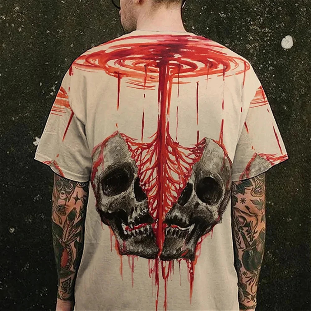 Vintage T Shirt For Men Summer Horror UndeadSkulls Pattern Printed Short Sleeve Oversized T-shirt Loose Men Clothing s-5XL 250226