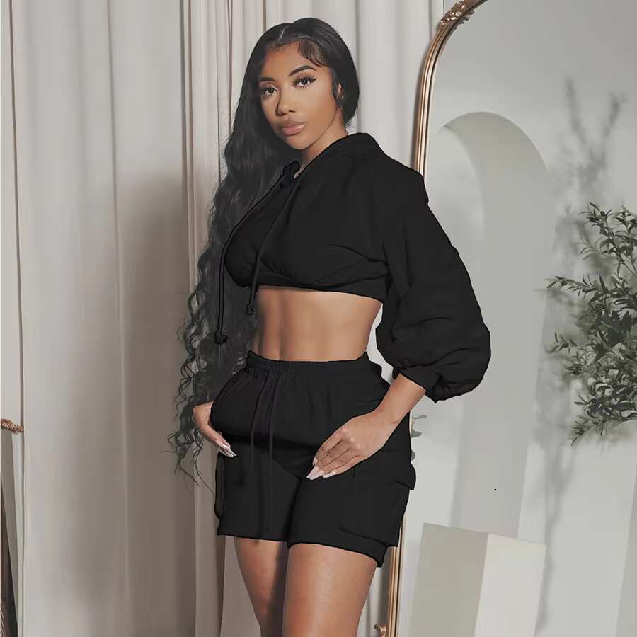 35062 Hood Pullover Hoodies Women's Sets Jogger Outfit 2 Piece Short Set