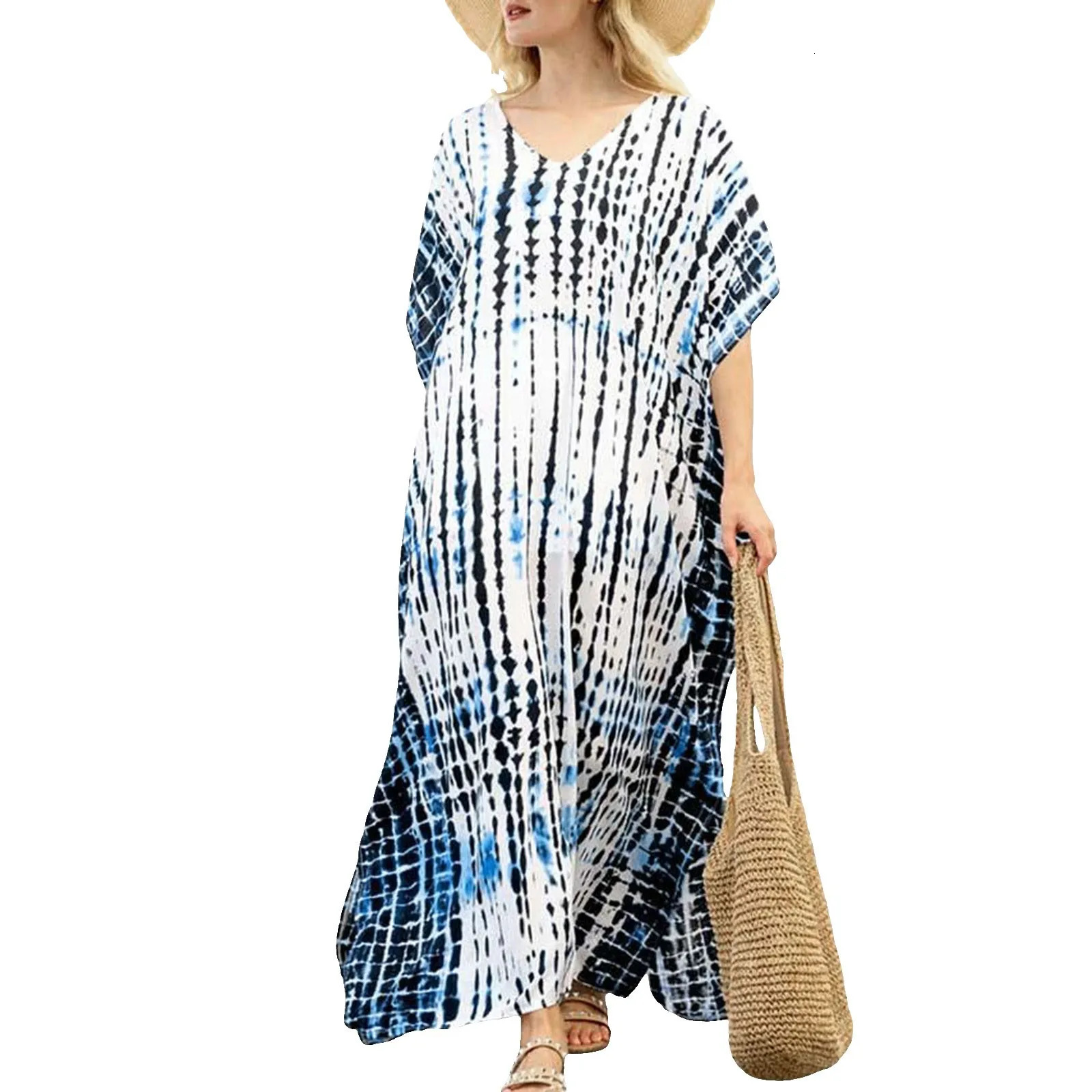 Womens Plus Size Kaftans Casual V Neck Puff Sleeve Boho Loose Floral Long Soft Beach Maxi Summer Swing Party Dresses For Women 250225